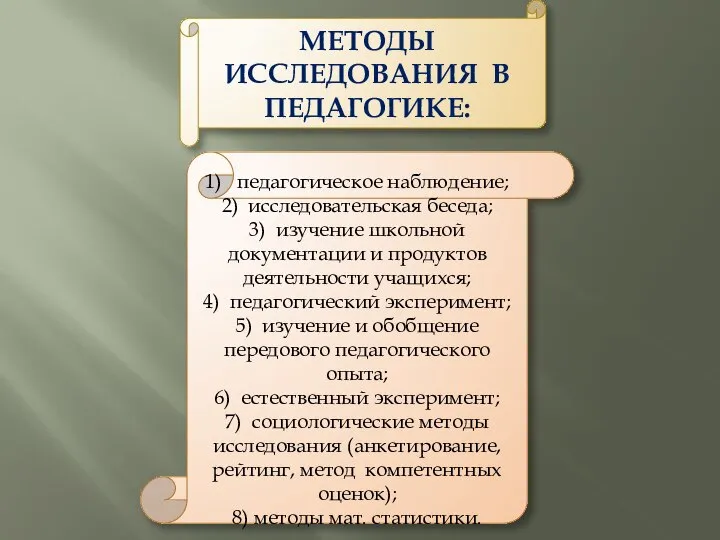 МЕТОДЫ ИССЛЕДОВАНИЯ В ПЕДАГОГИКЕ: 1) педагогическое наблюдение; 2) исследовательская беседа; 3) изучение