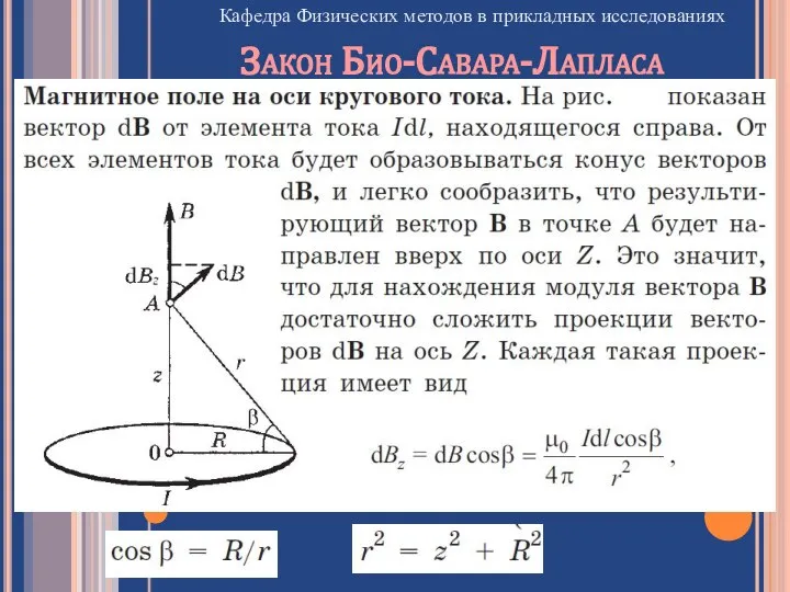 Кафедра Физических методов в прикладных исследованиях Закон Био-Савара-Лапласа