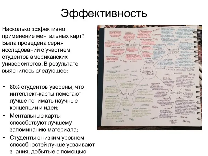 Эффективность Насколько эффективно применение ментальных карт? Была проведена серия исследований с участием