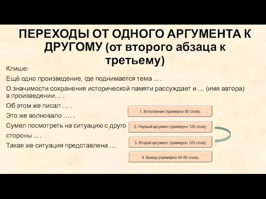 ПЕРЕХОДЫ ОТ ОДНОГО АРГУМЕНТА К ДРУГОМУ (от второго абзаца к третьему) Клише: