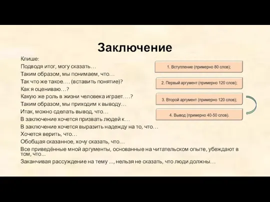 Заключение Клише: Подводя итог, могу сказать… Таким образом, мы понимаем, что… Так