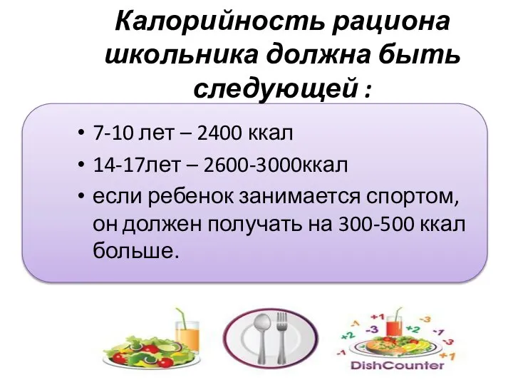 Калорийность рациона школьника должна быть следующей : 7-10 лет – 2400 ккал