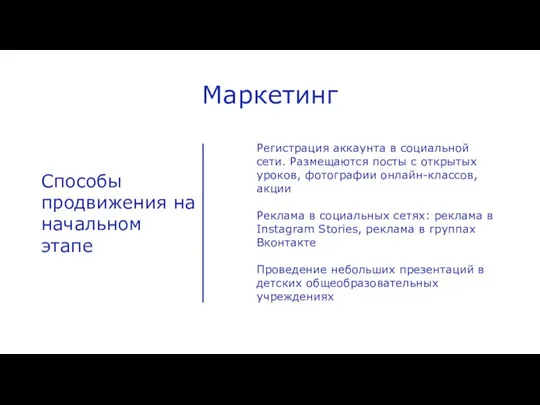 Маркетинг Способы продвижения на начальном этапе Регистрация аккаунта в социальной сети. Размещаются