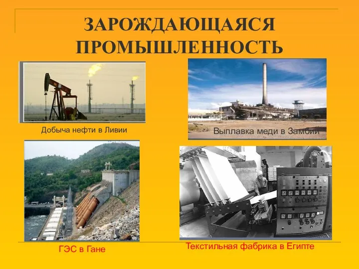 ЗАРОЖДАЮЩАЯСЯ ПРОМЫШЛЕННОСТЬ Добыча нефти в Ливии ГЭС в Гане Текстильная фабрика в