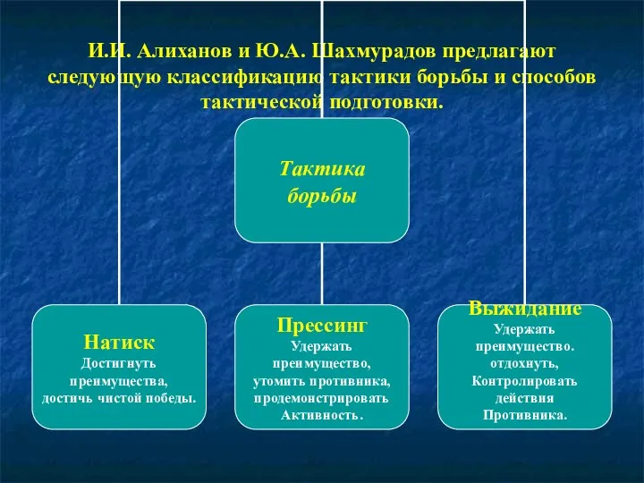 И.И. Алиханов и Ю.А. Шахмурадов предлагают следующую классификацию тактики борьбы и способов тактической подготовки.