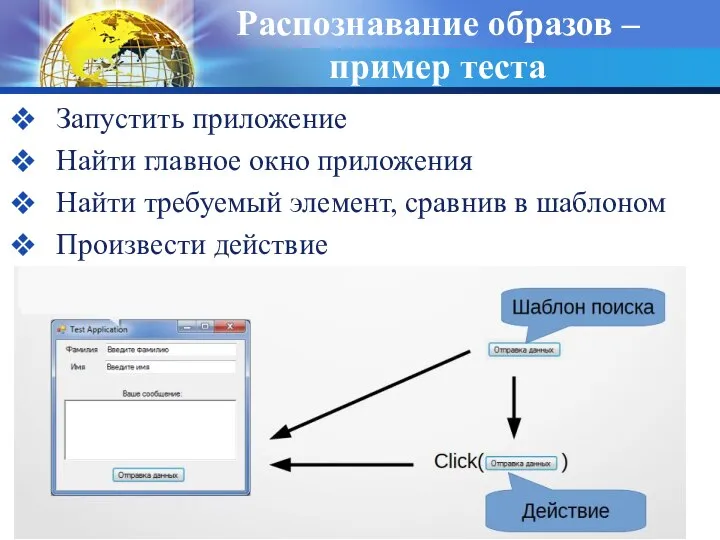 Распознавание образов – пример теста Запустить приложение Найти главное окно приложения Найти