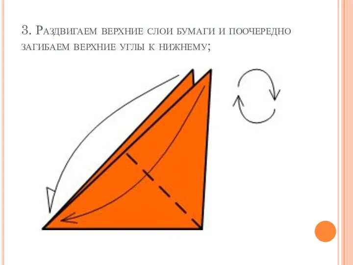 3. Раздвигаем верхние слои бумаги и поочередно загибаем верхние углы к нижнему;