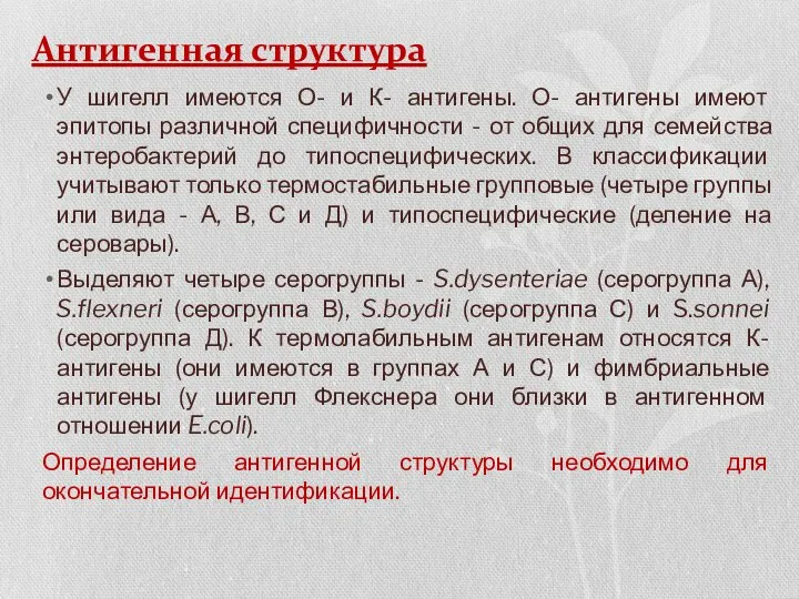 Антигенная структура У шигелл имеются О- и К- антигены. О- антигены имеют