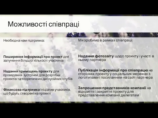 Можливості співпраці Необхідна нам підтримка: Поширення інформації про проект для залучення більшої