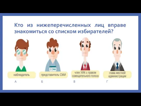 Кто из нижеперечисленных лиц вправе знакомиться со списком избирателей? А Б В Г