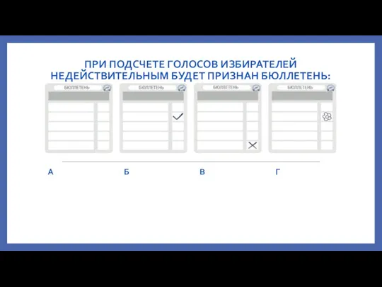 ПРИ ПОДСЧЕТЕ ГОЛОСОВ ИЗБИРАТЕЛЕЙ НЕДЕЙСТВИТЕЛЬНЫМ БУДЕТ ПРИЗНАН БЮЛЛЕТЕНЬ: А Б В Г