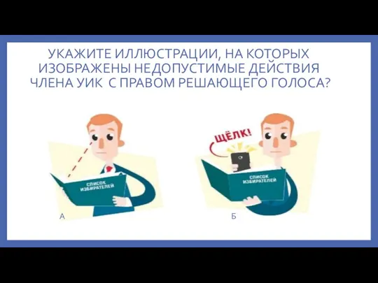 УКАЖИТЕ ИЛЛЮСТРАЦИИ, НА КОТОРЫХ ИЗОБРАЖЕНЫ НЕДОПУСТИМЫЕ ДЕЙСТВИЯ ЧЛЕНА УИК С ПРАВОМ РЕШАЮЩЕГО ГОЛОСА? А Б