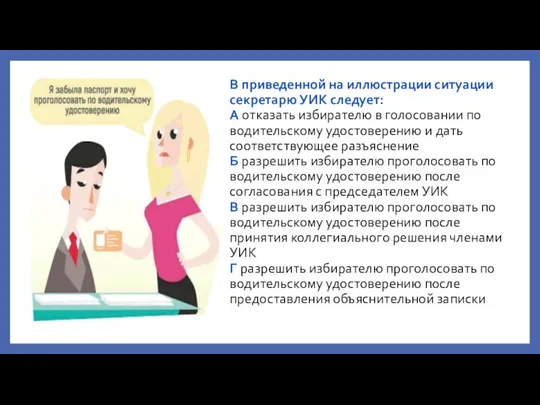 В приведенной на иллюстрации ситуации секретарю УИК следует: А отказать избирателю в