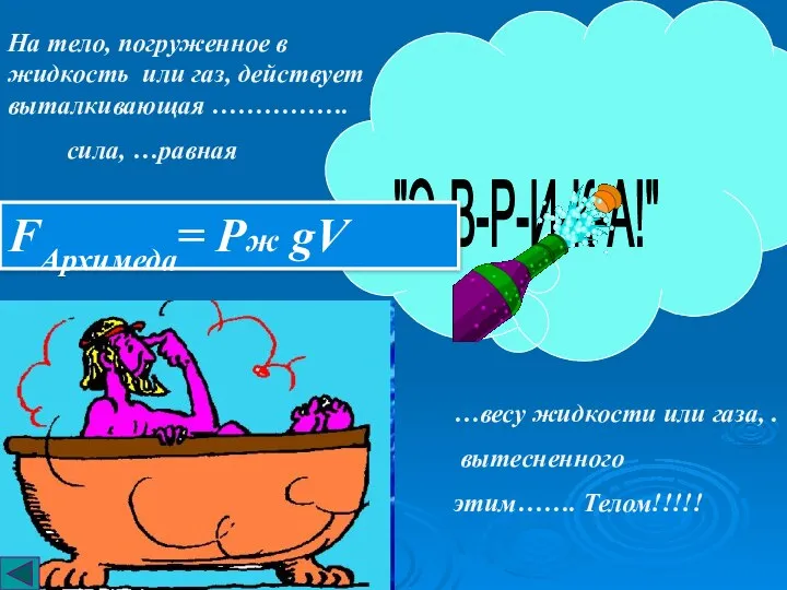 "Э-В-Р-И-К-А!" На тело, погруженное в жидкость или газ, действует выталкивающая ……………. сила,