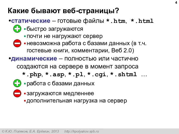 Какие бывают веб-страницы? статические – готовые файлы *.htm, *.html динамические – полностью