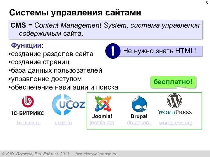 Системы управления сайтами CMS = Content Management System, система управления содержимым сайта.