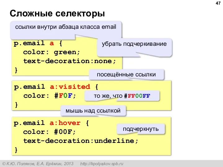 Сложные селекторы p.email a { color: green; text-decoration:none; } p.email a:hover {