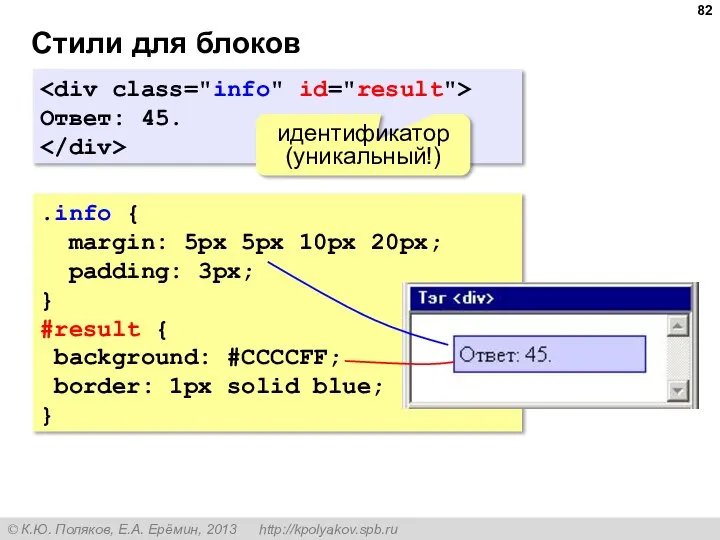 Стили для блоков Ответ: 45. идентификатор (уникальный!) .info { margin: 5px 5px