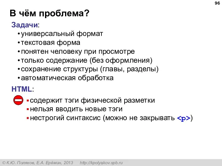 В чём проблема? Задачи: универсальный формат текстовая форма понятен человеку при просмотре