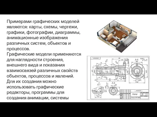 Примерами графических моделей являются: карты, схемы, чертежи, графики, фотографии, диаграммы, анимационные изображения