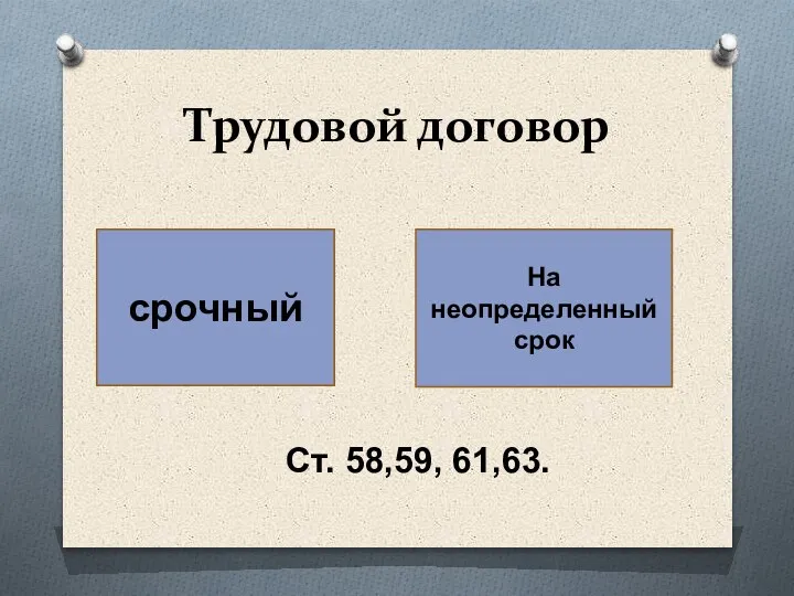 Трудовой договор срочный На неопределенный срок Ст. 58,59, 61,63.