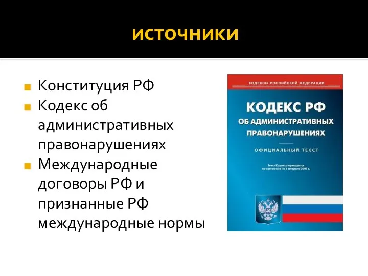 источники Конституция РФ Кодекс об административных правонарушениях Международные договоры РФ и признанные РФ международные нормы