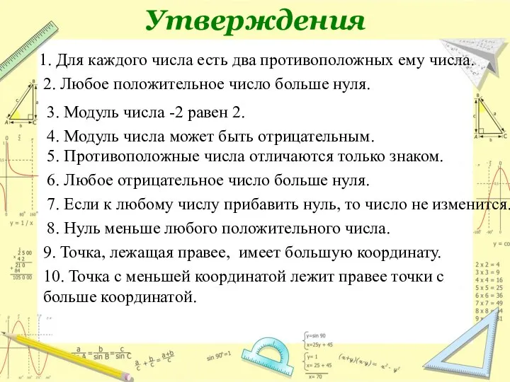 Утверждения 1. Для каждого числа есть два противоположных ему числа. 2. Любое