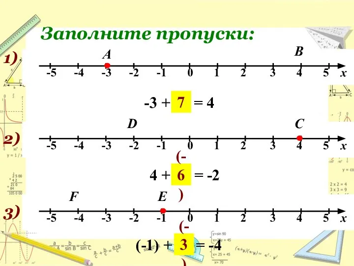 Заполните пропуски: 1) А -3 + … = 4 В 7 2)