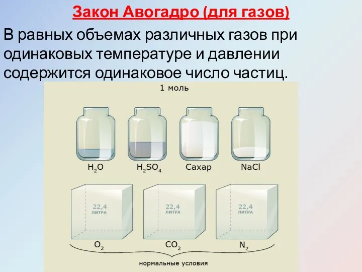 Закон Авогадро (для газов) В равных объемах различных газов при одинаковых температуре