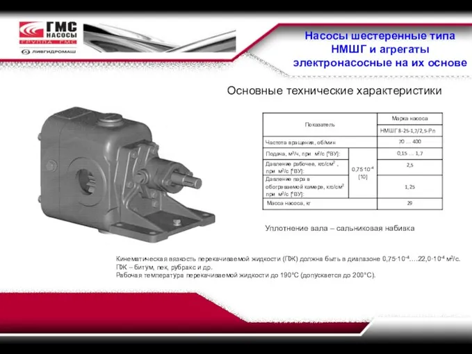Насосы шестеренные типа НМШГ и агрегаты электронасосные на их основе Основные технические