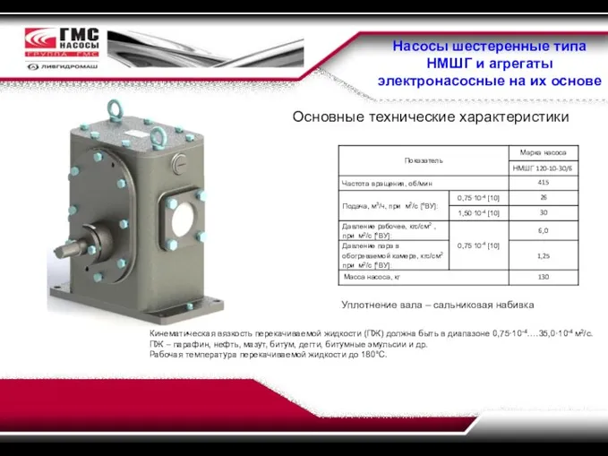 Насосы шестеренные типа НМШГ и агрегаты электронасосные на их основе Основные технические