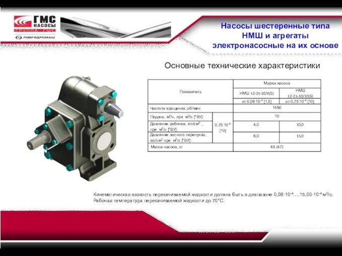 Насосы шестеренные типа НМШ и агрегаты электронасосные на их основе Основные технические