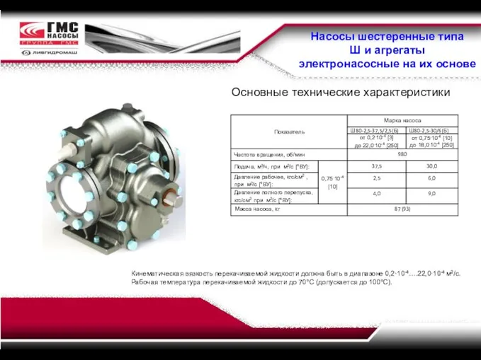Насосы шестеренные типа Ш и агрегаты электронасосные на их основе Основные технические