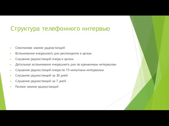 Структура телефонного интервью Спонтанное знание радиостанций Вспоминание вчерашнего дня респондента в целом