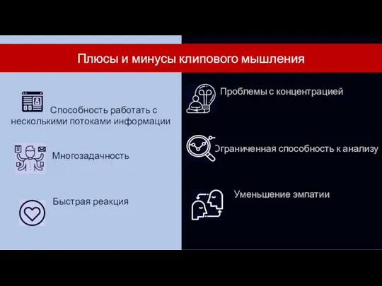 Проблемы с концентрацией Ограниченная способность к анализу Уменьшение эмпатии Способность работать с