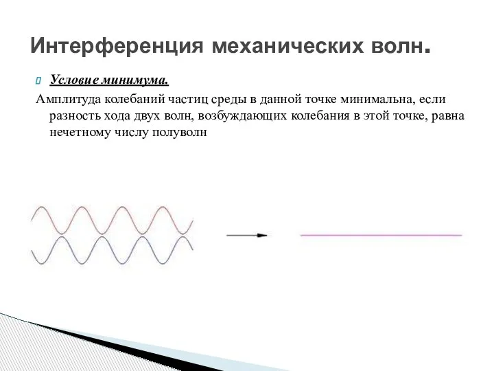 Условие минимума. Амплитуда колебаний частиц среды в данной точке минимальна, если разность