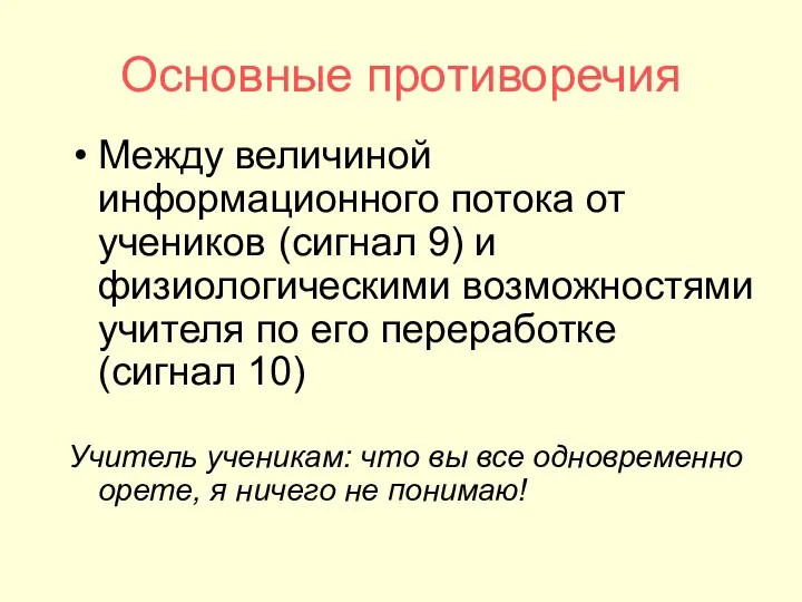 Основные противоречия Между величиной информационного потока от учеников (сигнал 9) и физиологическими