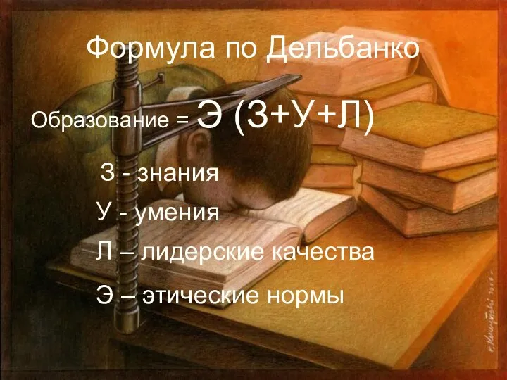 Формула по Дельбанко Образование = Э (З+У+Л) З - знания У -