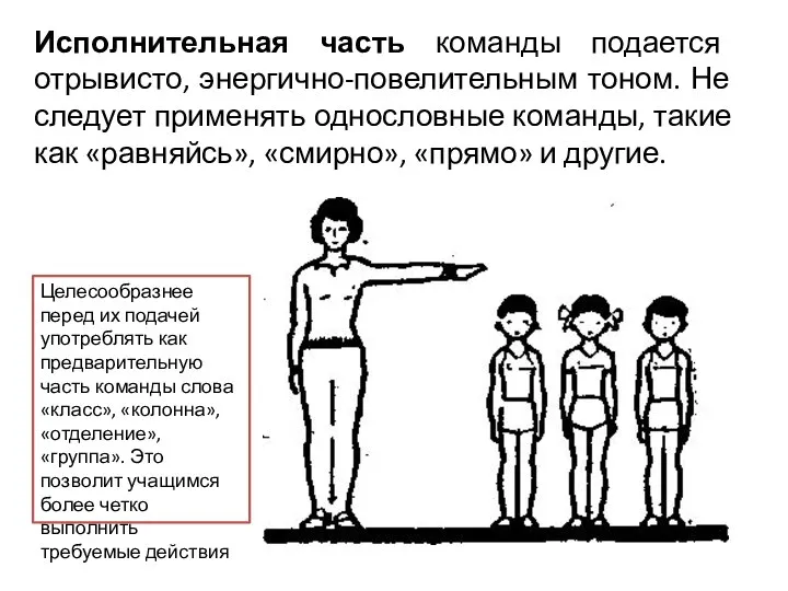 Исполнительная часть команды подается отрывисто, энергично-повелительным тоном. Не следует применять однословные команды,