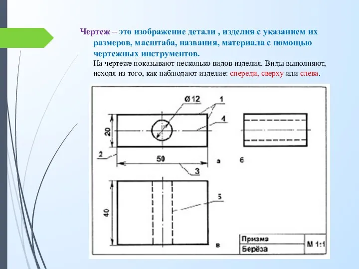 Чертеж – это изображение детали , изделия с указанием их размеров, масштаба,