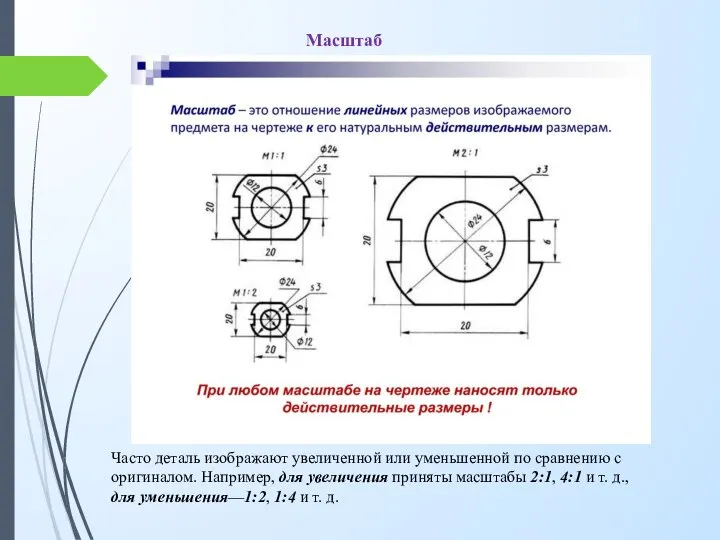Часто деталь изображают увеличенной или уменьшенной по сравнению с оригиналом. Например, для