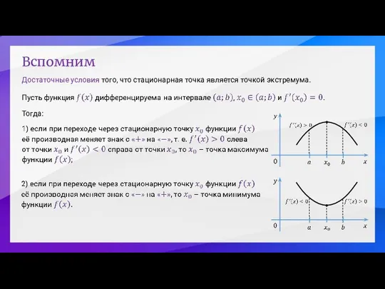 Вспомним Достаточные условия того, что стационарная точка является точкой экстремума. Тогда: