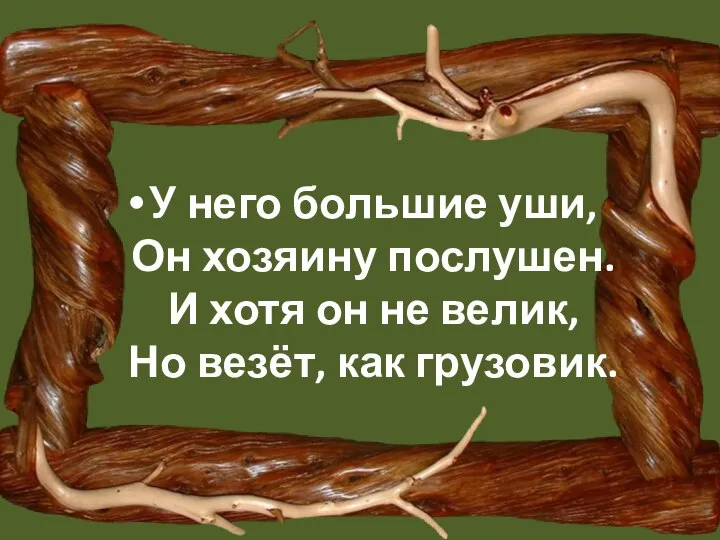 У него большие уши, Он хозяину послушен. И хотя он не велик, Но везёт, как грузовик.