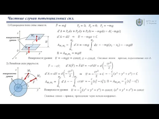 МГТУ им. Н.Э. Баумана Частные случаи потенциальных сил. 1) Однородное поле силы