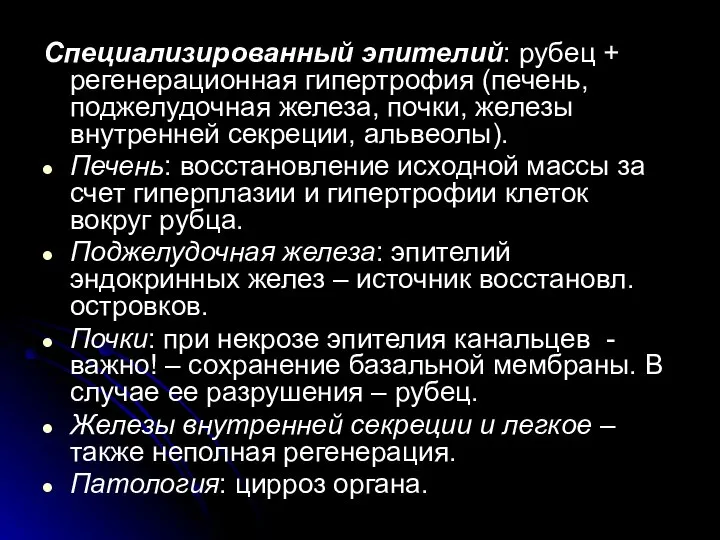 Специализированный эпителий: рубец + регенерационная гипертрофия (печень, поджелудочная железа, почки, железы внутренней