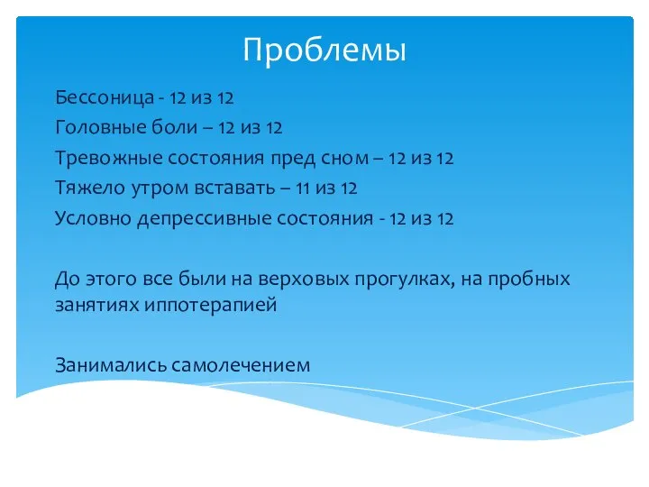 Проблемы Бессоница - 12 из 12 Головные боли – 12 из 12