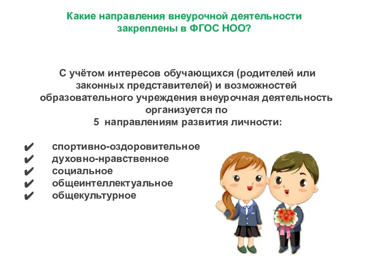 Какие направления внеурочной деятельности закреплены в ФГОС НОО? С учётом интересов обучающихся