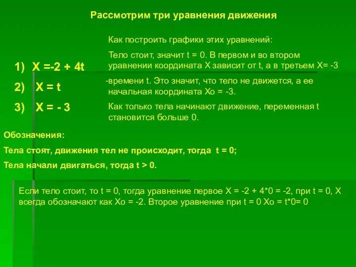 Рассмотрим три уравнения движения Х =-2 + 4t X = t X