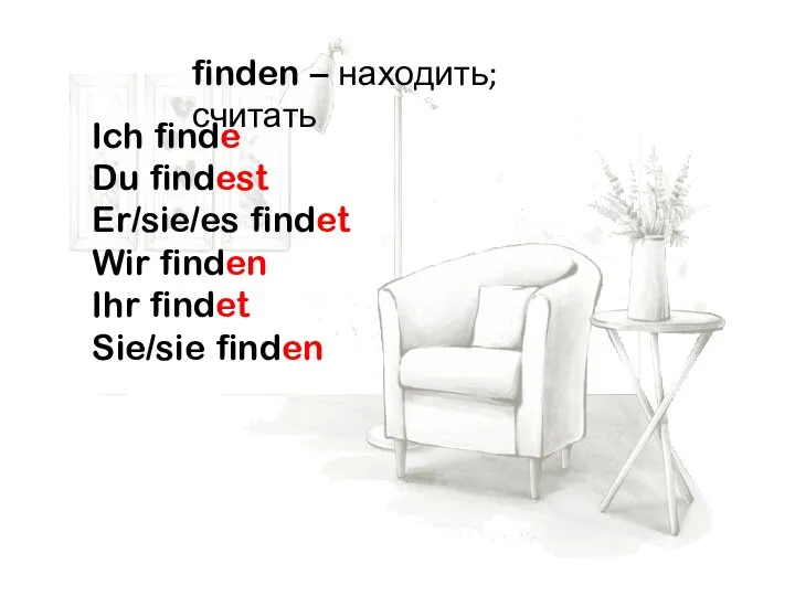 finden – находить; считать Ich finde Du findest Er/sie/es findet Wir finden Ihr findet Sie/sie finden