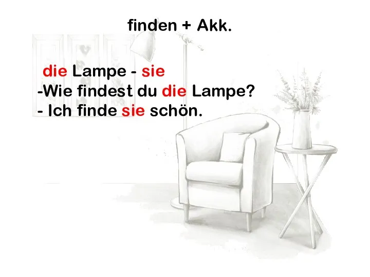 finden + Akk. die Lampe - sie Wie findest du die Lampe? Ich finde sie schön.